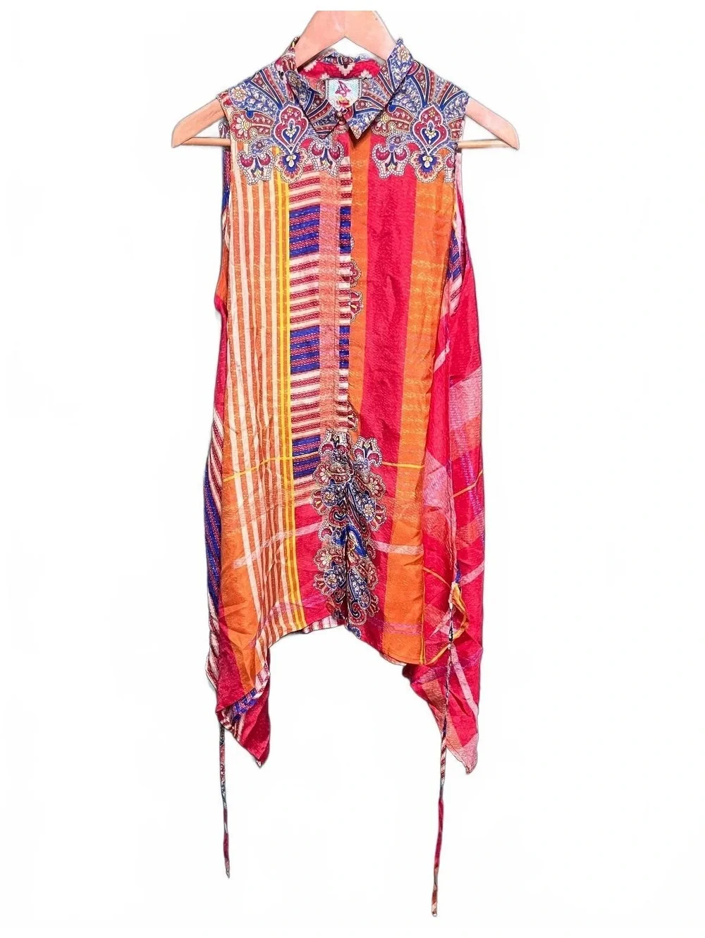 Johnny Was 100% Silk Sleeveless Paisley Tunic Shirt Dress Boho Vibrant Size XS